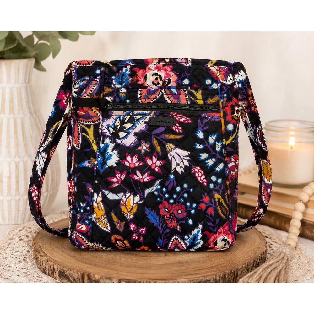 Vera Bradley Quilted Floral Crossbody Bag Black Multicolor Messenger Purse